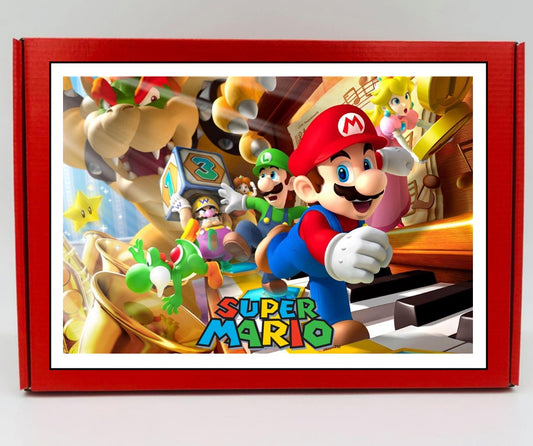 Framed poster of Super Mario characters with a red border on a light gray background